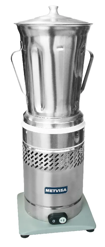 Licuadora industrial METVISA plateada con vaso alto acanalado, tapa con pomo y base cilíndrica.