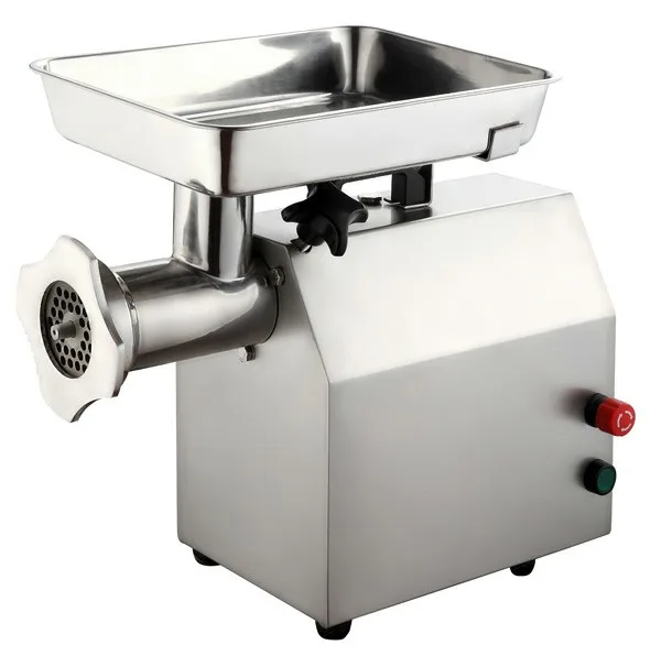 Moledora industrial de carne con cuerpo rectangular, bandeja amplia, tubo horizontal y controles laterales rojo y verde.