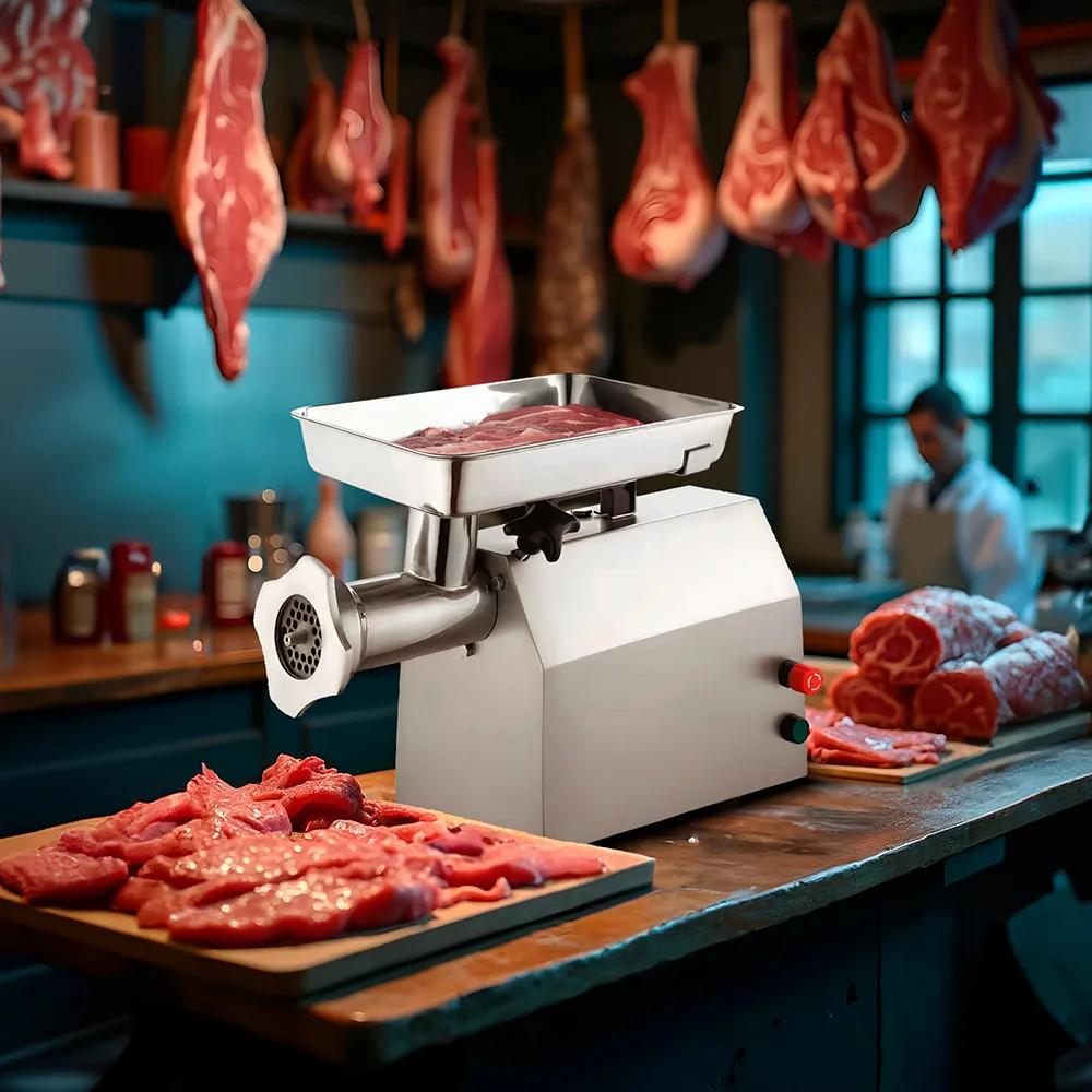 Moledora industrial de carne con cuerpo rectangular, bandeja amplia, tubo horizontal y controles laterales rojo y verde. - Vista 2