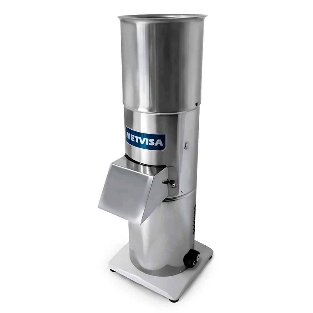 Molino de pan industrial Metvisa con tolva cilíndrica superior, cuerpo metálico y salida frontal inclinada.