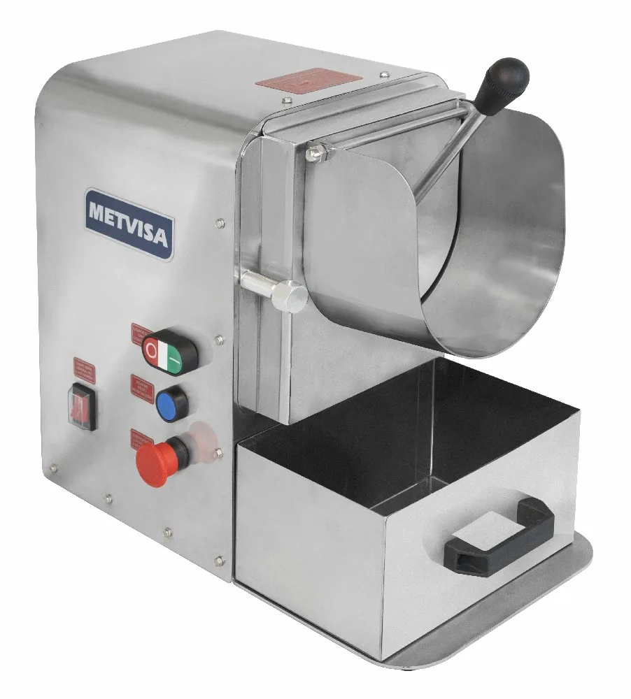 Rallador eléctrico Metvisa RDA de sobremesa, con carcasa metálica, boca de alimentación con palanca, controles laterales y recipiente bajo la salida.