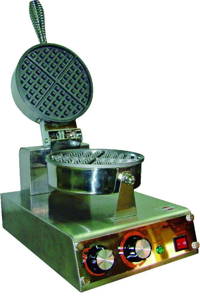 Waflera eléctrica plateada de sobremesa con placas circulares cuadriculadas, dos perillas, luz verde e interruptor rojo.
