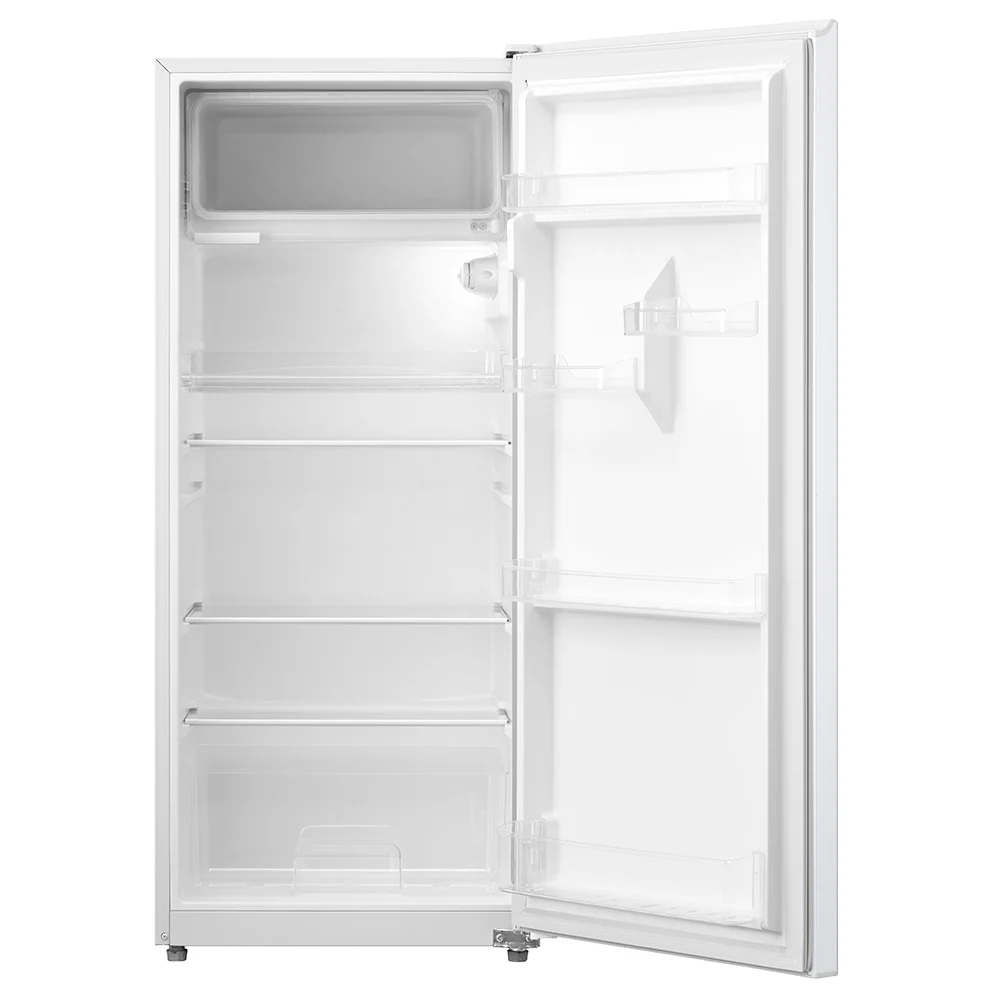 Heladera TOKYO blanca y vertical, de una puerta lisa, con logotipo en la parte superior y patas regulables. - Vista 2