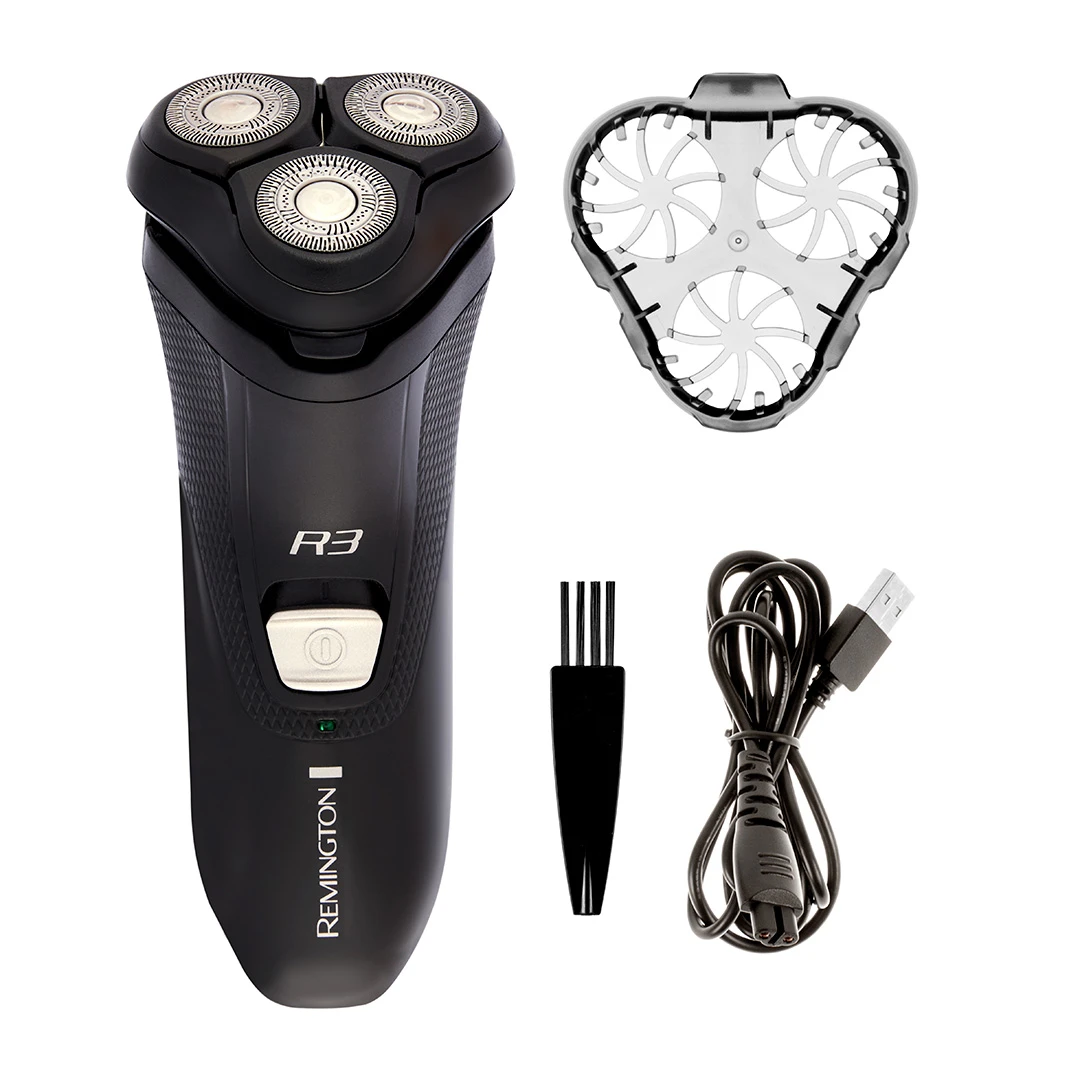 Afeitadora rotativa Remington R3 negra con tres cabezales, protector, cepillo de limpieza y cable USB