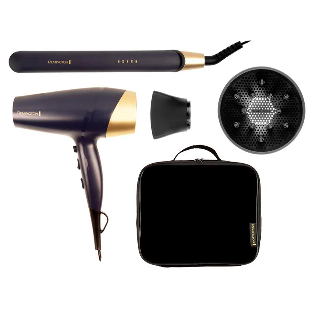 Combo Remington Sapphire Luxe violeta y dorado con planchita, secador, accesorios y estuche negro.