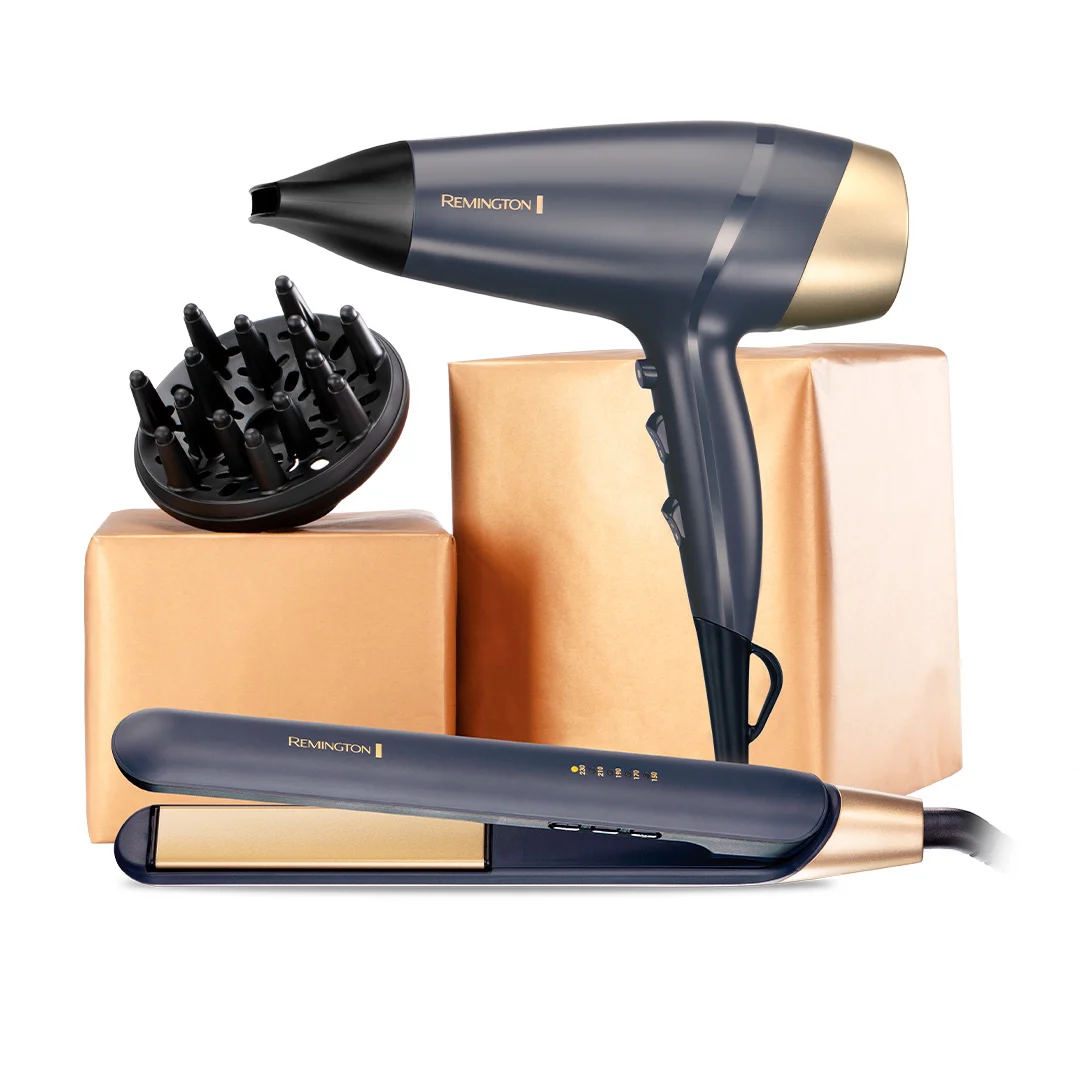 Combo Remington Sapphire Luxe violeta y dorado con planchita, secador, accesorios y estuche negro. - Vista 2