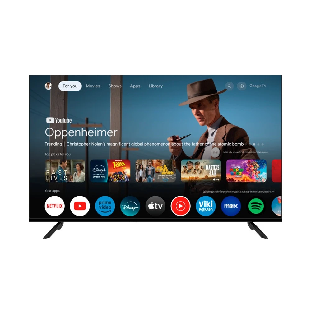 Smart TV Tokyo de marco negro fino y patas inclinadas, mostrando la interfaz de Google TV
