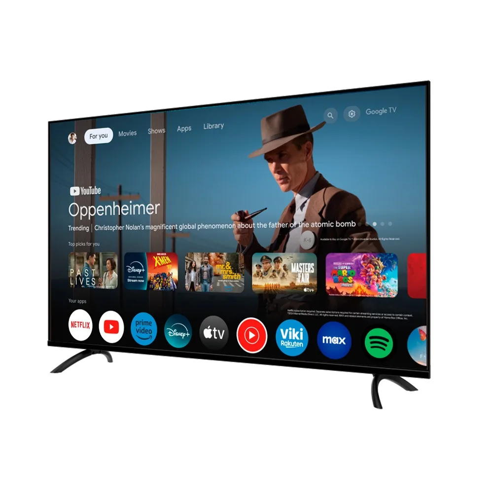 Smart TV Tokyo de marco negro fino y patas inclinadas, mostrando la interfaz de Google TV - Vista 2
