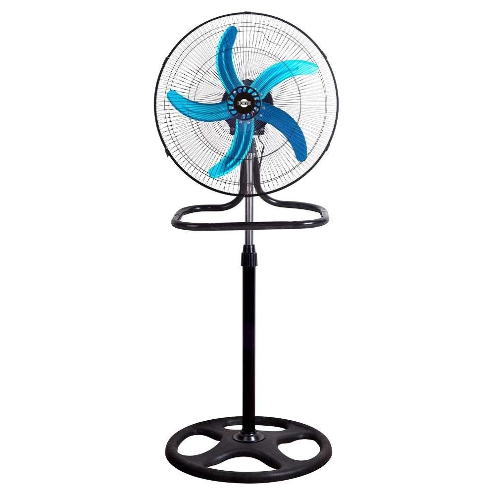 Ventilador Tokyo con cinco aspas azules y rejilla metálica negra, montado en un soporte regulable y base redonda, en configuración de pie.