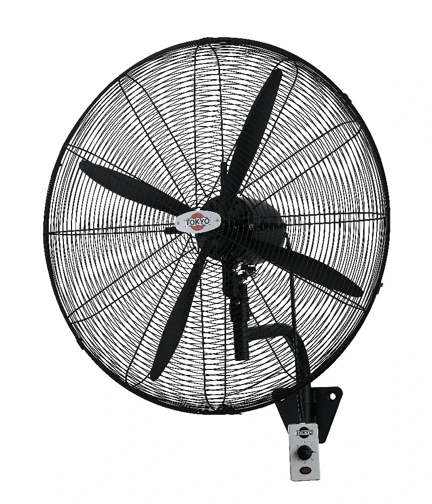 Ventilador industrial de pared Tokyo negro con rejilla circular, cinco aspas, soporte mural y control con perilla.