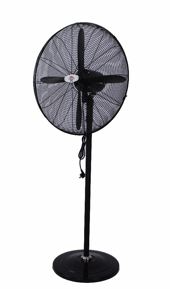 Ventilador industrial de pie Tokyo negro con rejilla metálica, tres aspas visibles, columna vertical y base redonda.