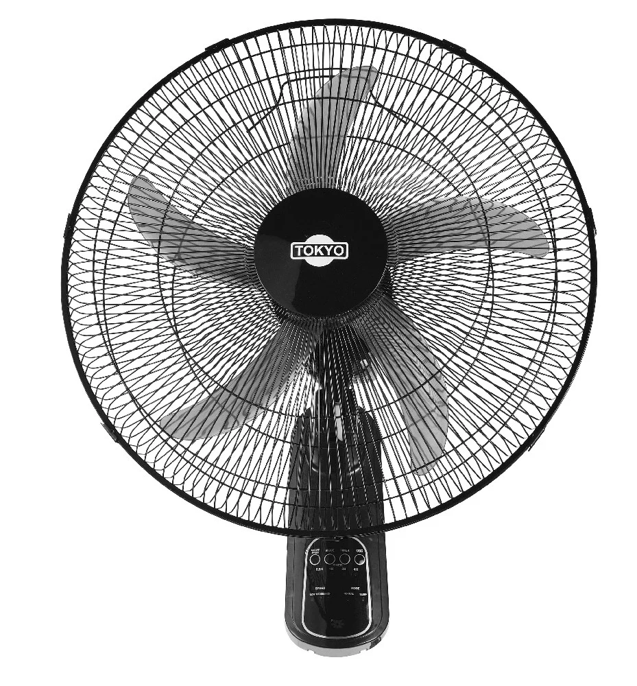 Ventilador de pared Tokyo negro con rejilla circular, cinco aspas y panel de botones debajo del cabezal.